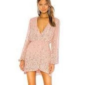 Lovers + Friends Poppy Sequin Mini Dress XS Rose Pink Plunge Long Sleeve Sparkle
